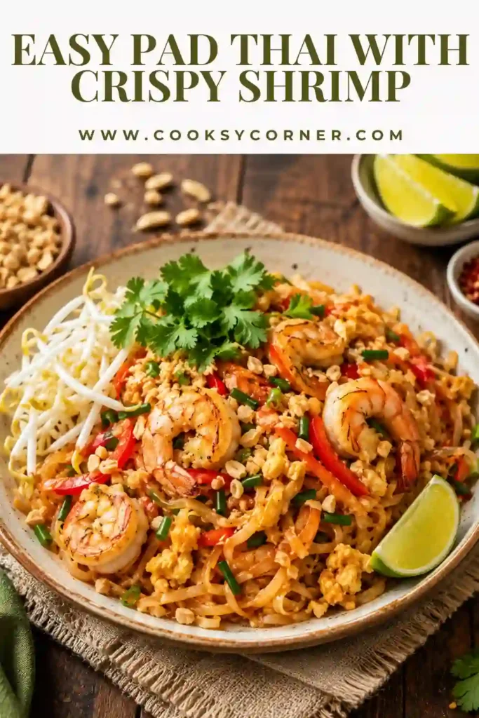 Easy Pad Thai featuring crispy shrimp, red bell peppers, cilantro, peanuts, and lime on a serving platter. This quick Thai noodle recipe is vibrant and full of flavor.