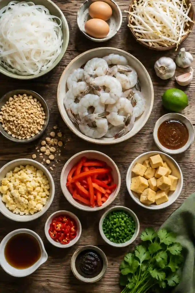 A homemade Easy Pad Thai with crispy shrimp, colorful vegetables, and fresh garnishes. This seafood pad thai is perfect for a quick family dinner.