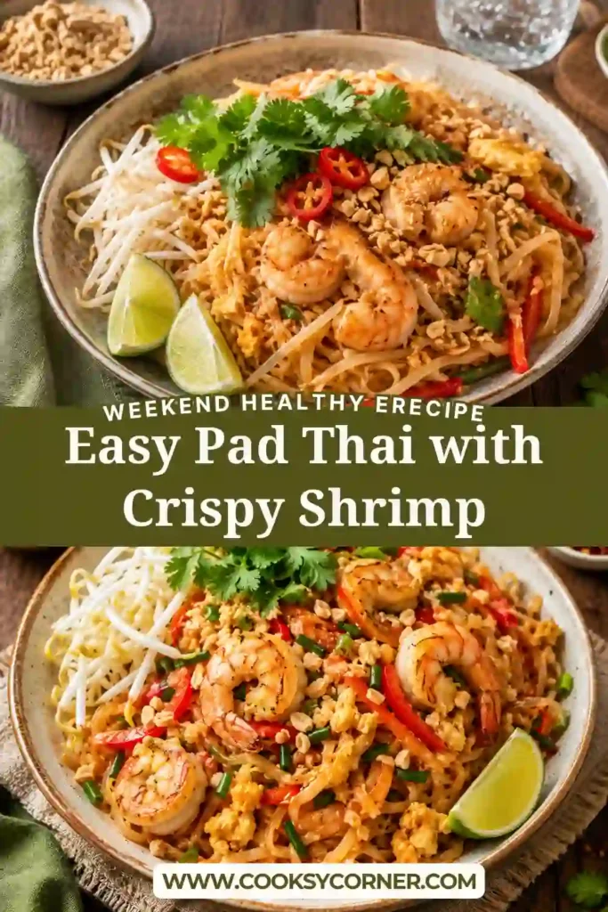 Golden crispy shrimp served over tender rice noodles coated in a savory homemade Pad Thai sauce with fresh herbs and crunchy peanuts. A delicious seafood pad thai for any night of the week.