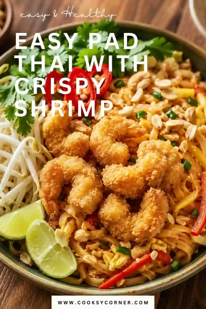 A plate of Easy Pad Thai topped with crispy shrimp, chopped peanuts, fresh cilantro, and lime wedges. The colorful Thai noodle recipe is garnished with green onions and served hot.