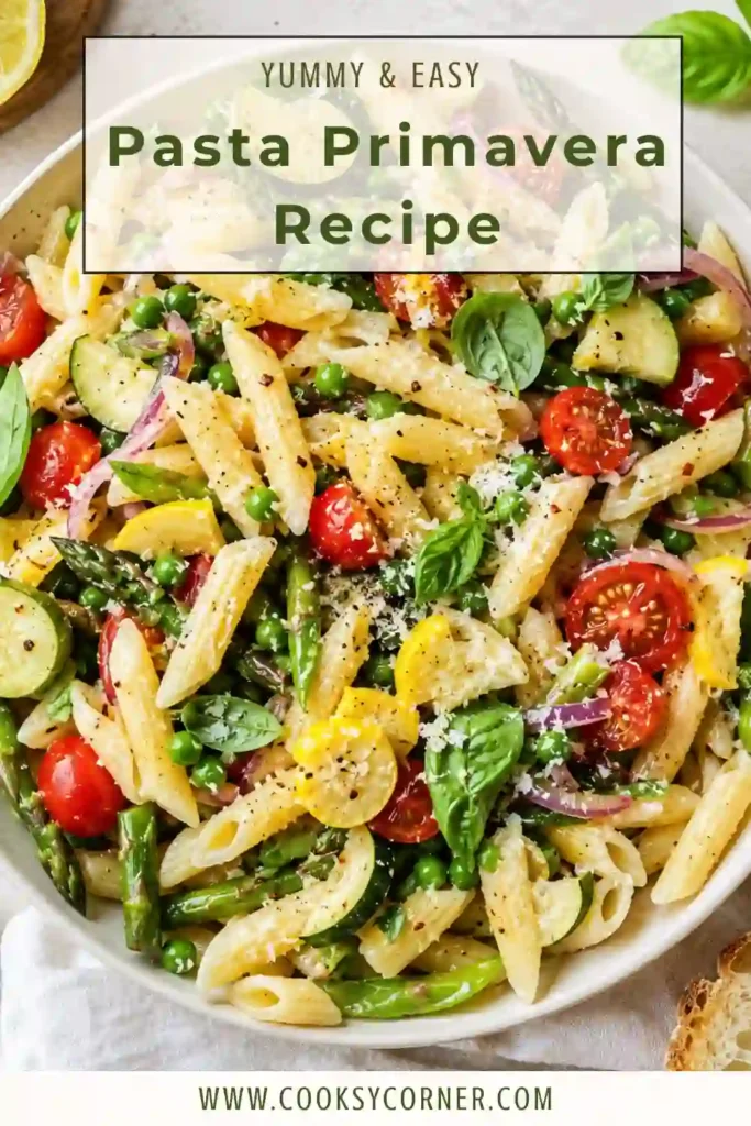 Homemade Easy Pasta Primavera served in a white bowl with vibrant vegetables and herbs. This vegetarian pasta recipe is light, colorful, and ready in just 30 minutes.