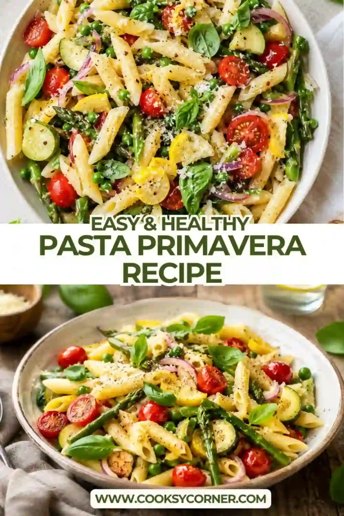 Fresh Easy Pasta Primavera featuring tender penne tossed with seasonal vegetables, basil, lemon juice, and Pecorino cheese. A healthy pasta dinner perfect for spring and summer meals.