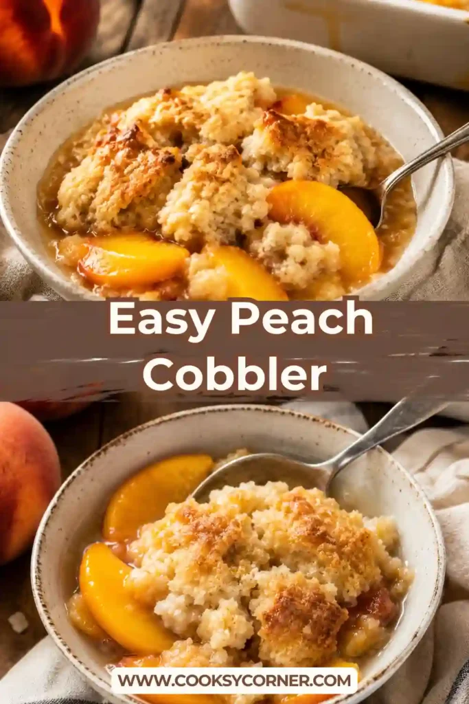 Homemade Peach Cobbler featuring bubbling peaches beneath a soft golden topping sprinkled with cinnamon.