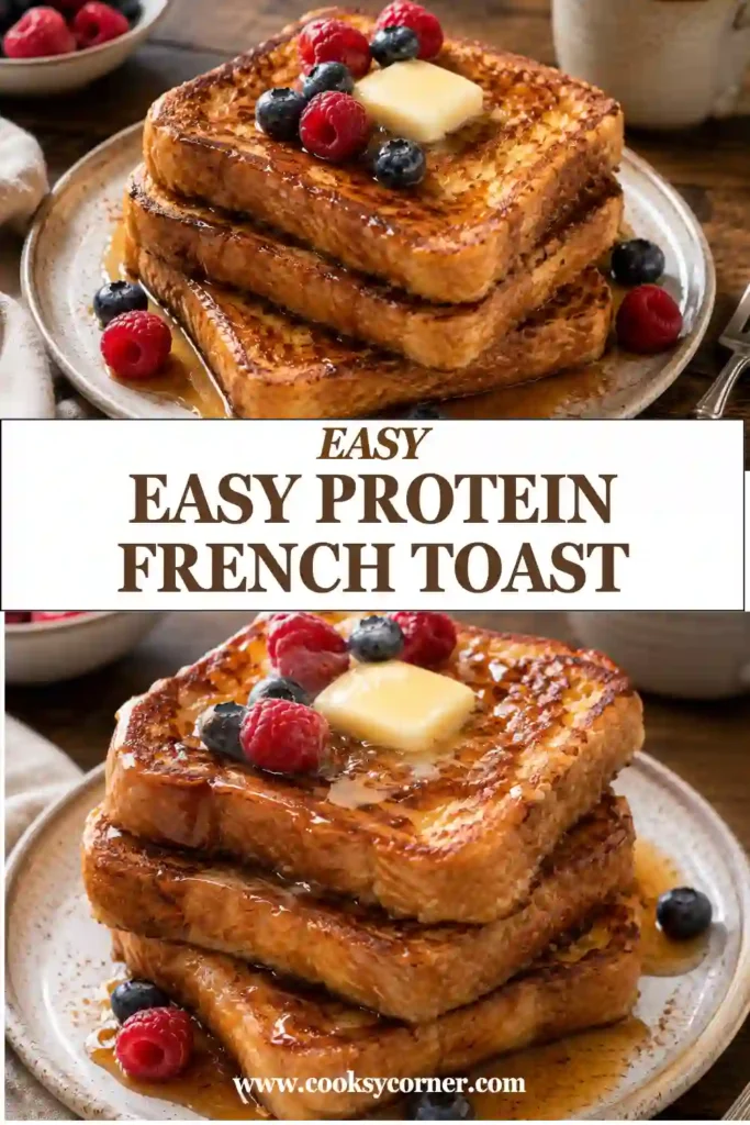 Golden brown protein French toast made with cottage cheese and cinnamon, garnished with strawberries and blueberries.