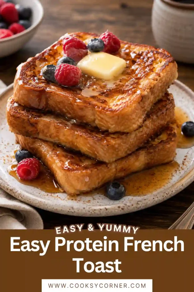 Easy Protein French Toast topped with fresh berries and maple syrup on a white plate, served as a healthy high-protein breakfast.