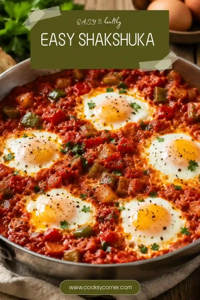 Freshly cooked Easy Shakshuka topped with herbs and served directly from the pan. Rich tomato sauce surrounds tender potatoes and perfectly set eggs.
