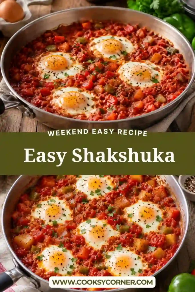A hearty Easy Shakshuka recipe featuring eggs, Yukon Gold potatoes, tomatoes, onions, and green peppers cooked together in one skillet. Perfect for breakfast or brunch.