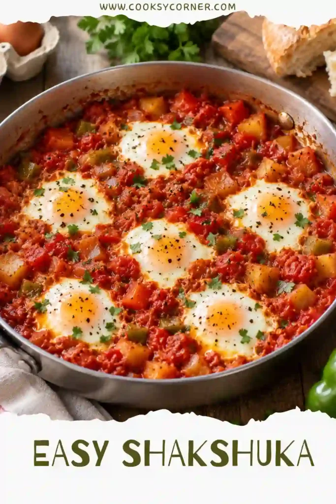 Easy Shakshuka served in a cast-iron skillet with perfectly cooked eggs nestled in a rich tomato sauce and tender golden potatoes. Fresh parsley adds a vibrant finishing touch.