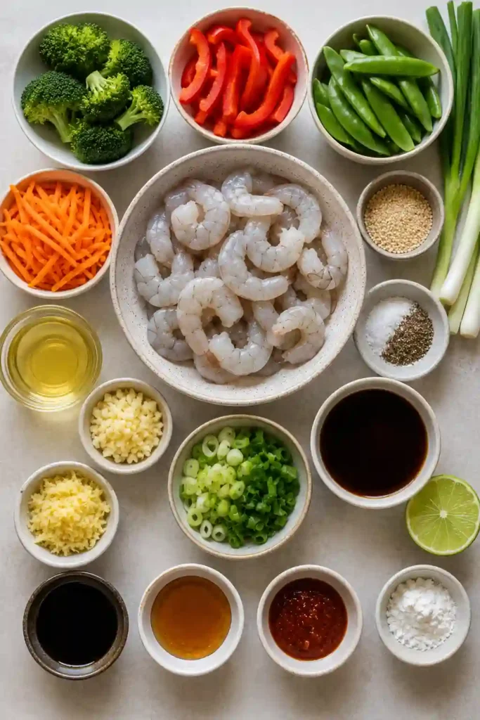 One-pan shrimp stir fry featuring tender shrimp, crisp vegetables, sesame seeds, and green onions. A fast and healthy weeknight dinner recipe.