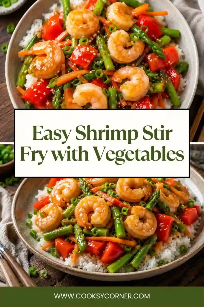 Easy shrimp stir fry with colorful vegetables cooked in a savory homemade sauce and served over rice. A healthy one-pan dinner ready in 25 minutes.