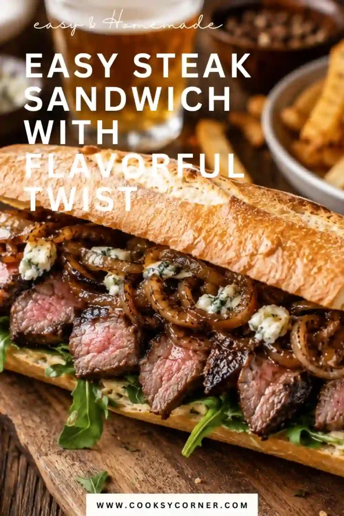 Close-up of a cheesy steak sandwich served on a toasted bun with fresh arugula. This quick steak dinner is hearty, juicy, and packed with savory flavors.