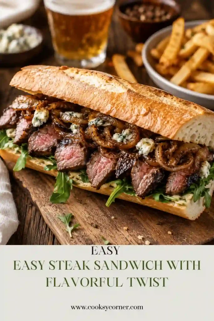 A toasted steak sandwich filled with juicy sliced steak, melted provolone cheese, sautéed onions, and green peppers. This Easy Steak Sandwich Recipe makes a delicious homemade dinner.