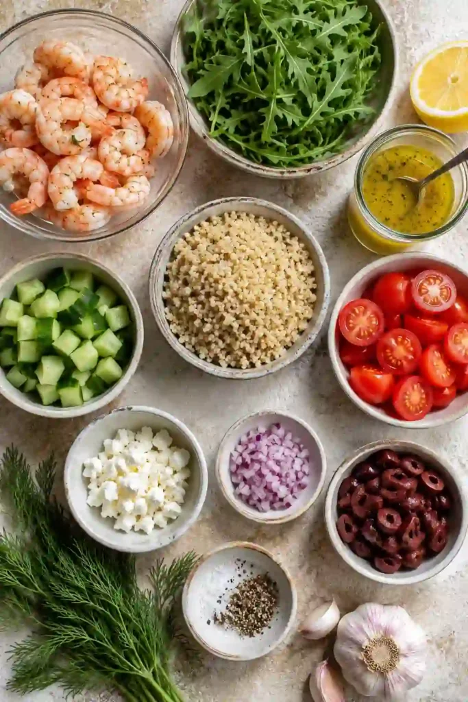 Meal prep Summer Quinoa Salad arranged in glass jars with colorful vegetables, quinoa, feta, and homemade lemon dill dressing. A fresh and healthy lunch idea.