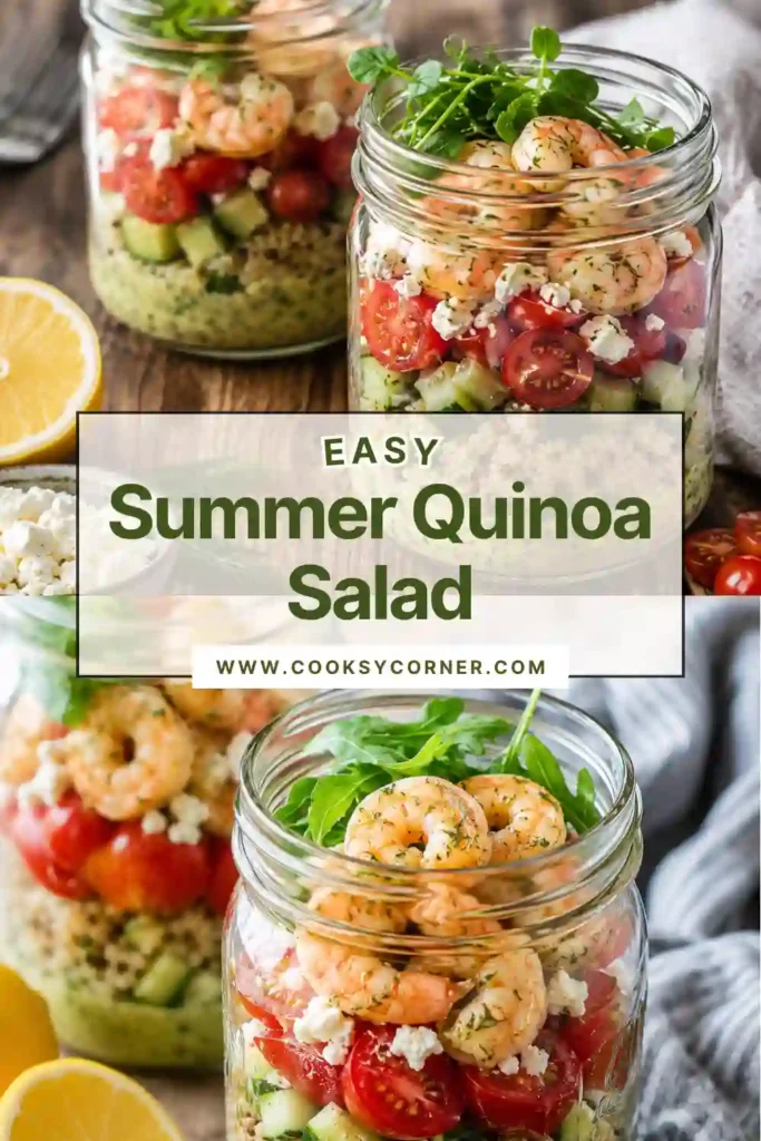 Healthy Summer Quinoa Salad Jars filled with quinoa, fresh vegetables, feta cheese, and lemon dill dressing. An easy make-ahead lunch for busy weekdays.