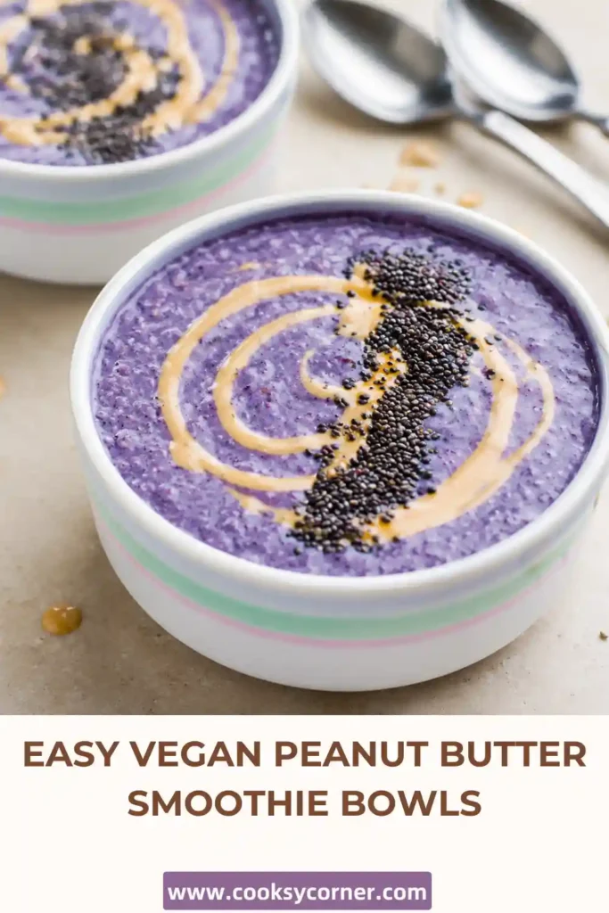 Homemade Vegan Peanut Butter Smoothie Bowls served with granola, fresh fruit, and seeds. A nutritious dairy-free breakfast recipe.