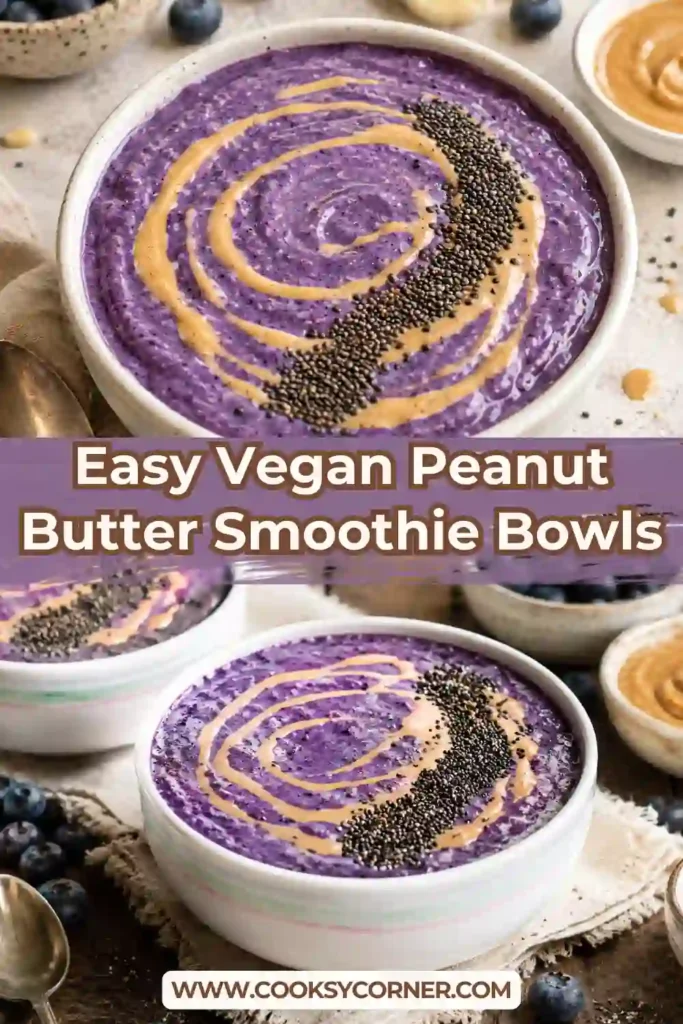 Creamy vegan smoothie bowl made with frozen berries, peanut butter, almond milk, and chia seeds. Perfect for a healthy morning meal.