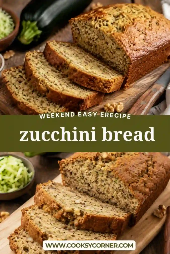 Moist zucchini bread sliced on a wooden cutting board with visible grated zucchini and chopped walnuts. A delicious cinnamon quick bread perfect for breakfast or snacking.