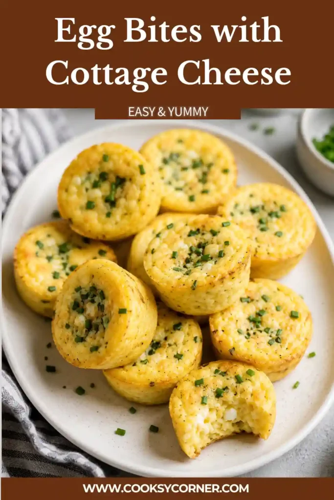 Soft and fluffy cottage cheese egg bites with cheddar cheese and chives arranged on a serving platter. Perfect for meal prep and quick weekday breakfasts.