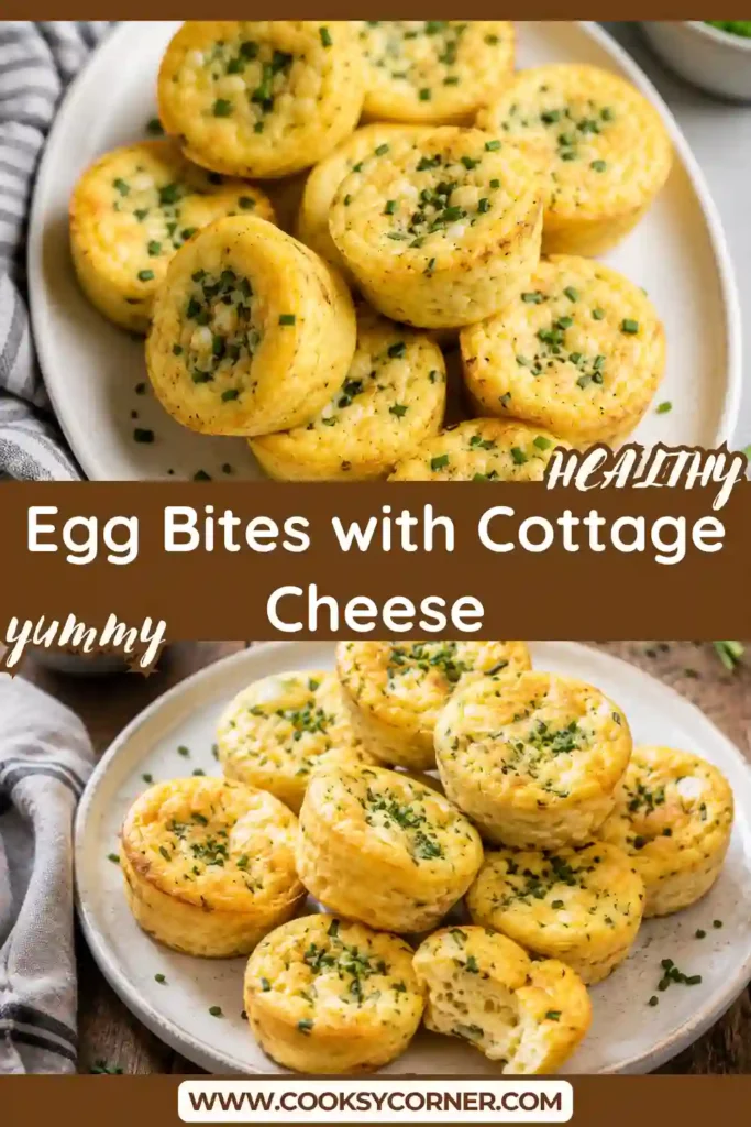 Freshly baked Egg Bites with Cottage Cheese topped with chopped chives and served on a white plate. These fluffy egg muffins are high in protein and perfect for breakfast meal prep.