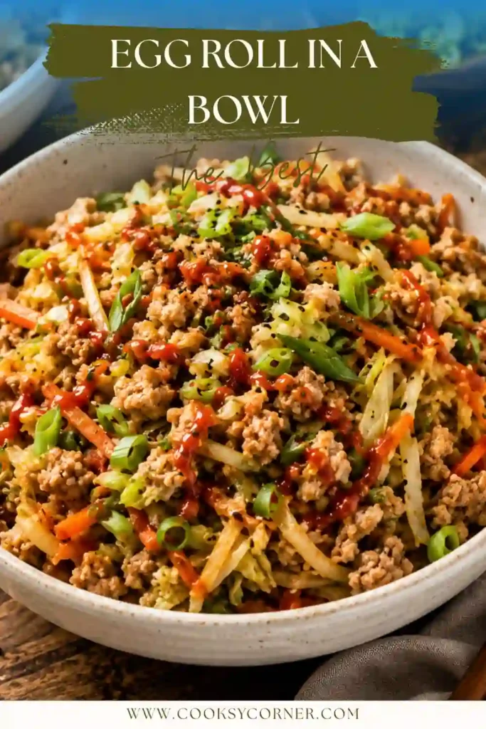 Close-up of Egg Roll in a Bowl featuring ground turkey, broccoli slaw, green onions, sesame seeds, and sriracha. This healthy one-pan recipe is packed with bold flavor.