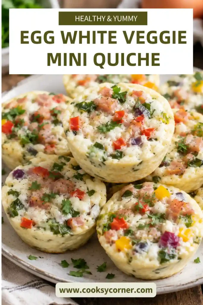 Freshly baked Egg White Veggie Mini Quiche arranged in a muffin pan with spinach, mushrooms, bell peppers, turkey ham, and feta. These healthy crustless mini quiches are perfect for meal prep breakfasts.