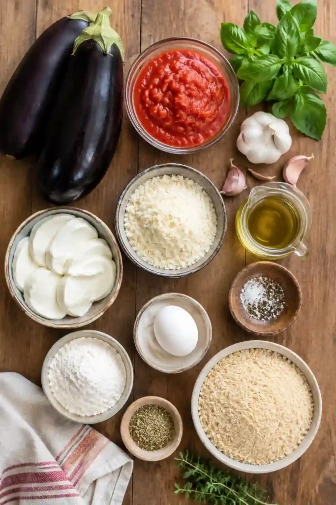 Classic Italian Eggplant Parmigiana casserole made with roasted eggplant, homemade tomato sauce, mozzarella, Parmesan, and basil. Freshly baked until golden.