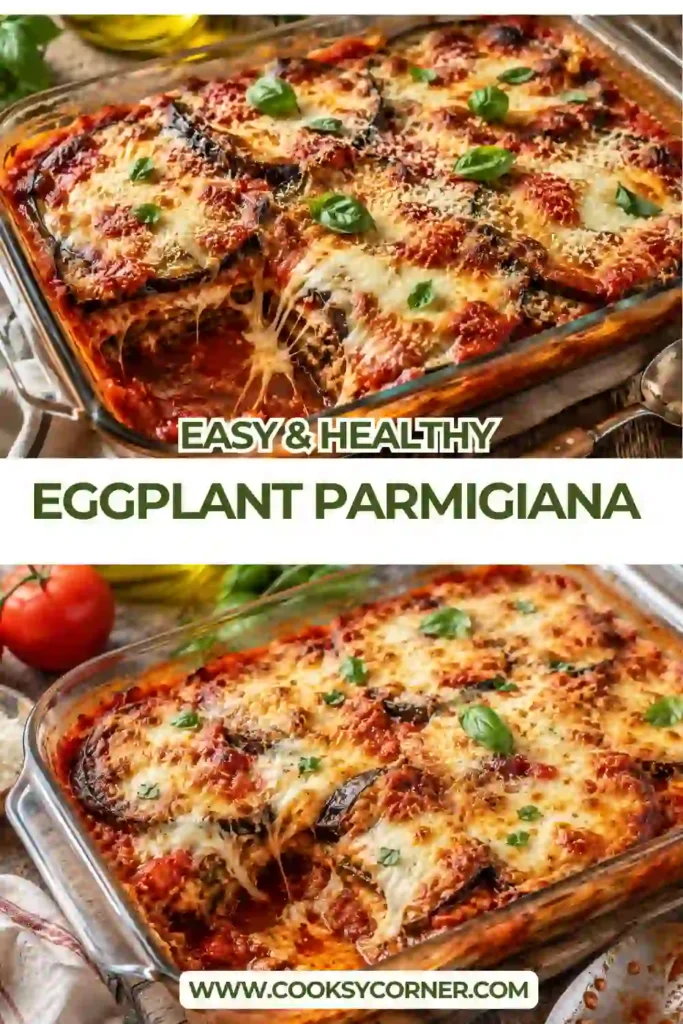 Homemade Eggplant Parmigiana served warm with golden melted cheese and layers of roasted eggplant in rich tomato sauce. A comforting vegetarian Italian dinner.