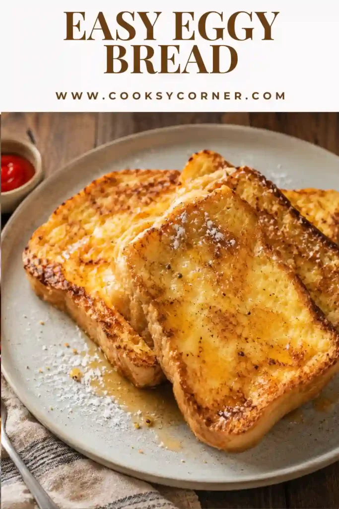 Close-up of freshly cooked Eggy Bread served with ketchup and fresh herbs. The toasted bread has a perfectly golden exterior and fluffy interior.