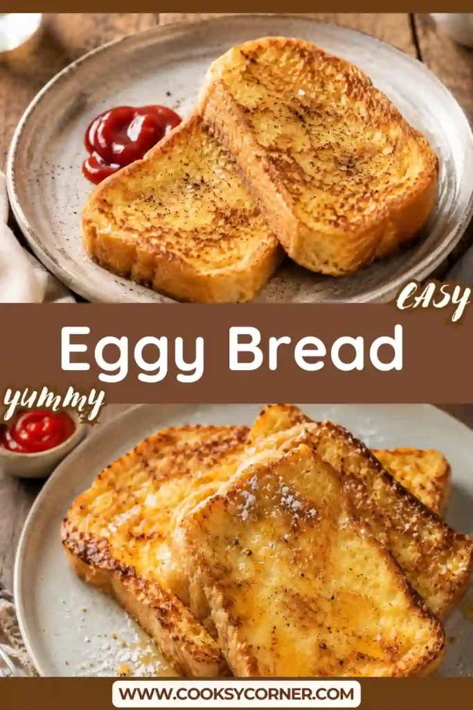 Golden Eggy Bread made with thick slices of bread coated in seasoned egg and pan-fried until crispy. Served with tomato ketchup for a classic British breakfast.