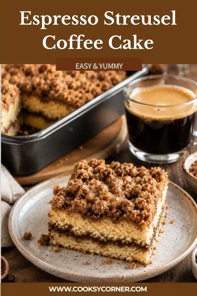 Freshly baked Espresso Streusel Coffee Cake with golden cinnamon streusel topping sliced into squares. The cake has a soft sour cream crumb and rich espresso flavor.