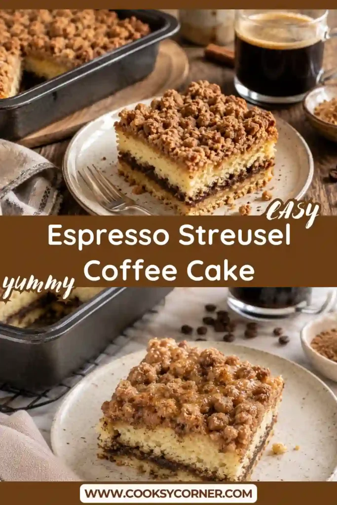 Close-up of a slice of Espresso Streusel Coffee Cake showing fluffy layers and crunchy cinnamon espresso topping on a white dessert plate.
