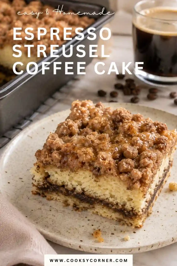 Square pieces of Espresso Streusel Coffee Cake arranged on a serving platter with coffee nearby. The golden crumb topping adds texture and flavor.