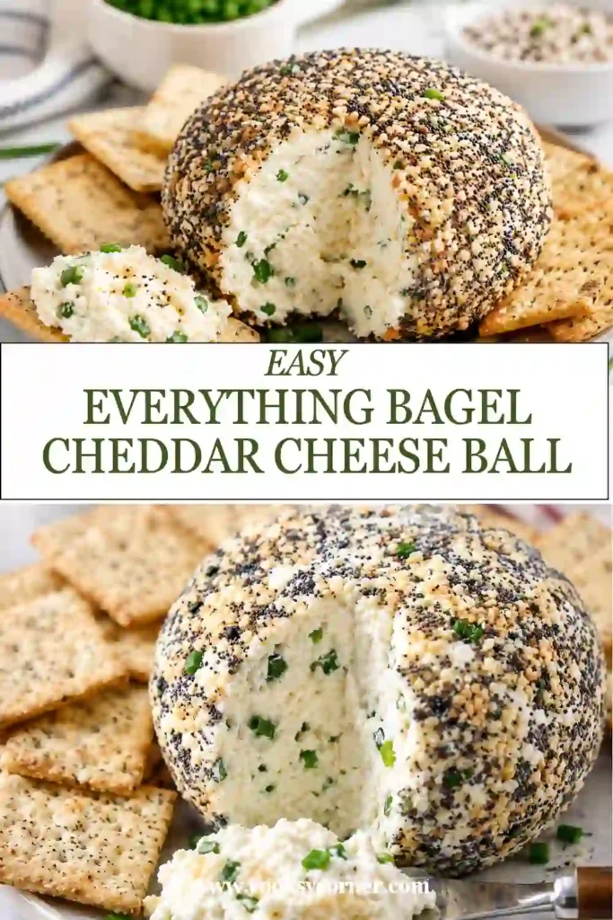 Close-up of a cheddar cheese ball covered with everything bagel seasoning alongside crackers and fresh vegetables. A delicious appetizer for holidays and gatherings.
