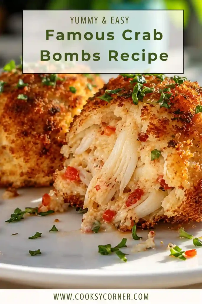 Close-up of Famous Crab Bombs served warm with lemon wedges and dipping sauce on a white serving platter.