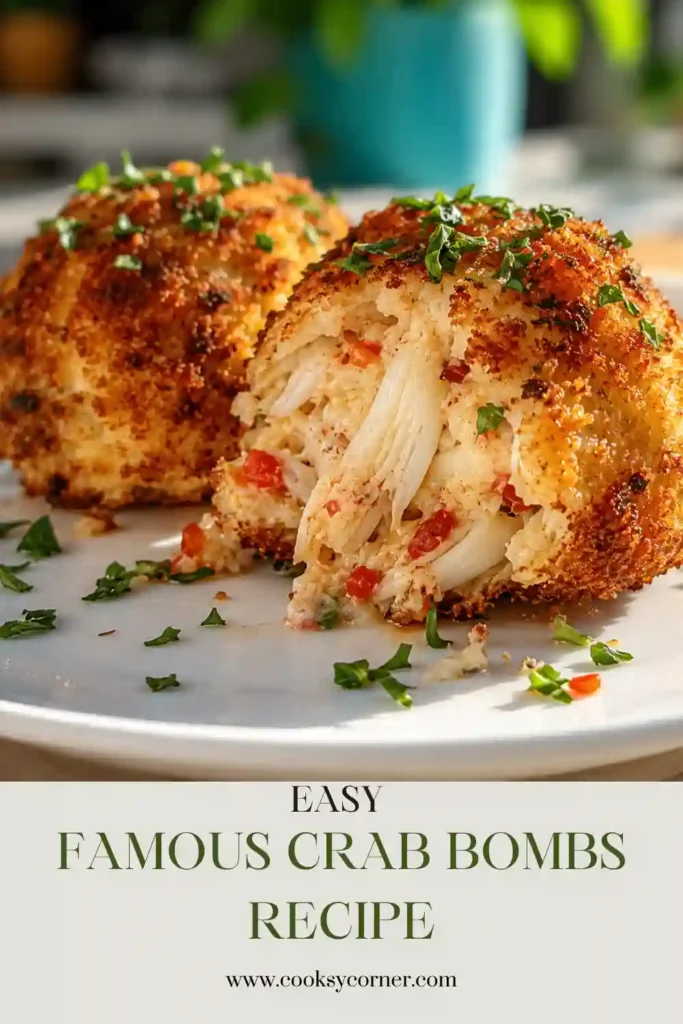 Golden baked Famous Crab Bombs made with jumbo lump crab meat, garnished with chopped chives and served with fresh lemon wedges.