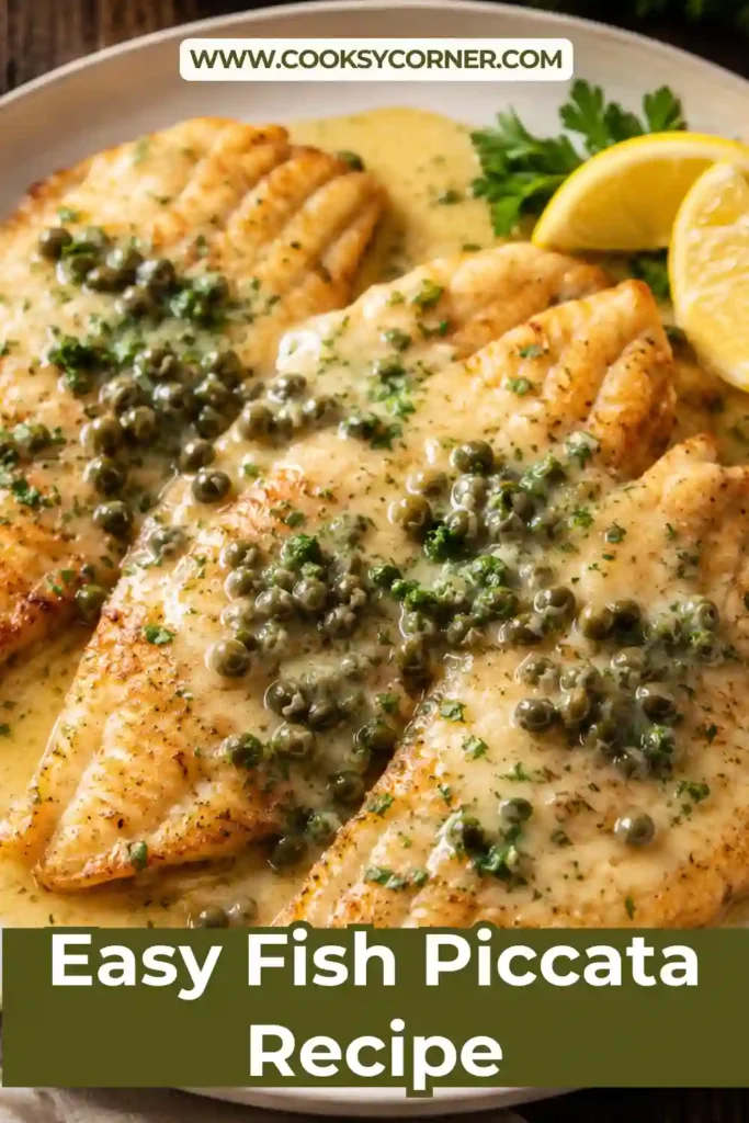3. Crispy fish piccata with fresh lemon slices, capers, and silky butter sauce served on a white plate. Perfect for an elegant homemade meal.
