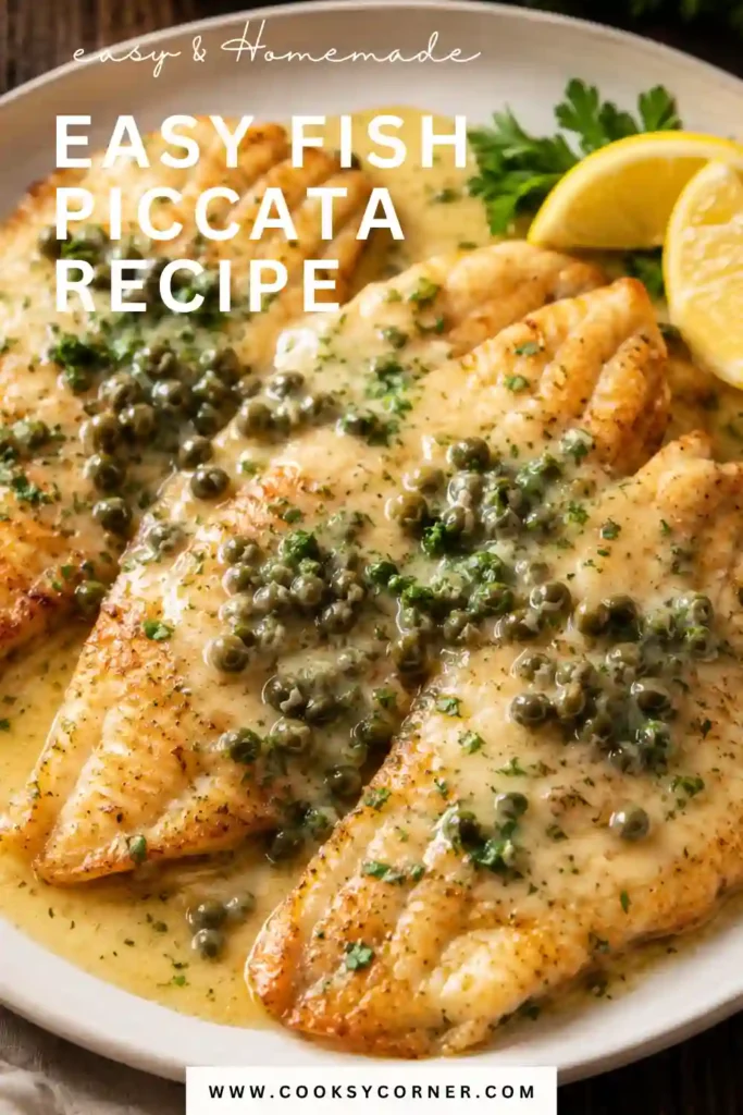 2. Flaky white fish served with buttery lemon caper sauce and garnished with chopped parsley. A light Italian-inspired seafood dinner.
