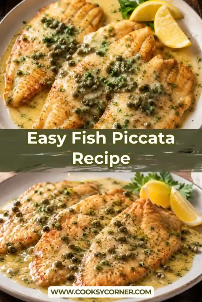 1. Golden pan-fried white fish fillets topped with creamy lemon butter caper sauce and fresh parsley on a serving platter under natural lighting.