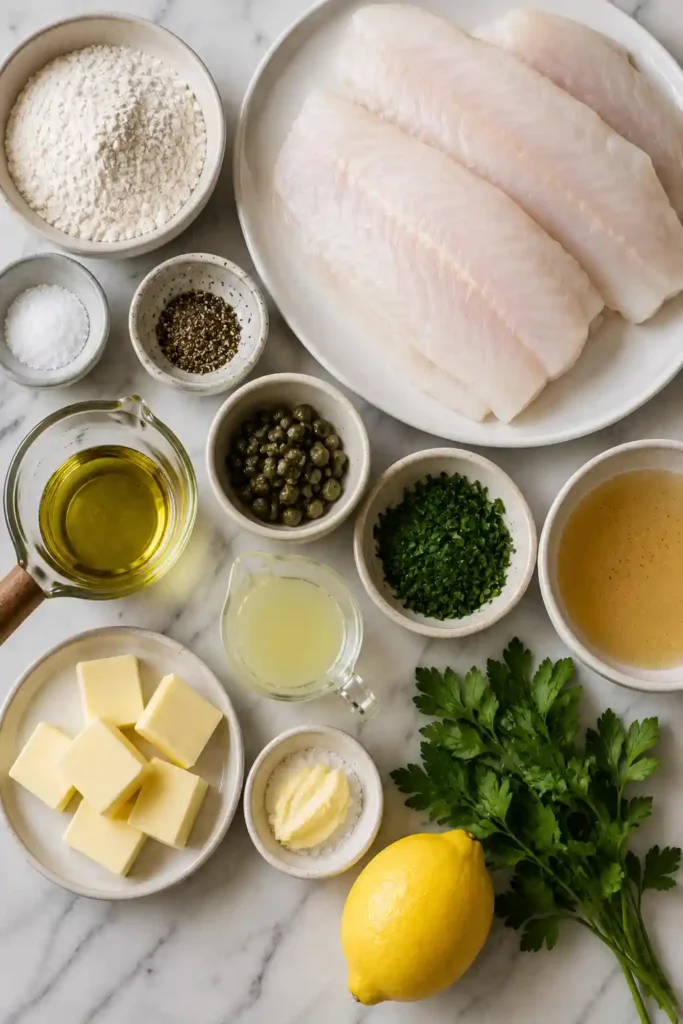 4. Close-up of tender white fish coated in rich lemon butter sauce with capers and parsley, photographed in soft natural light.