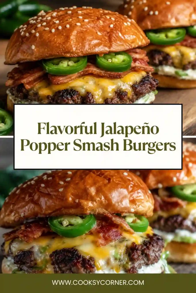 A close-up of juicy Flavorful Jalapeño Popper Smash Burgers topped with pepper jack cheese and diced jalapeños on buttery toasted buns. Perfect for burger lovers seeking bold flavors.