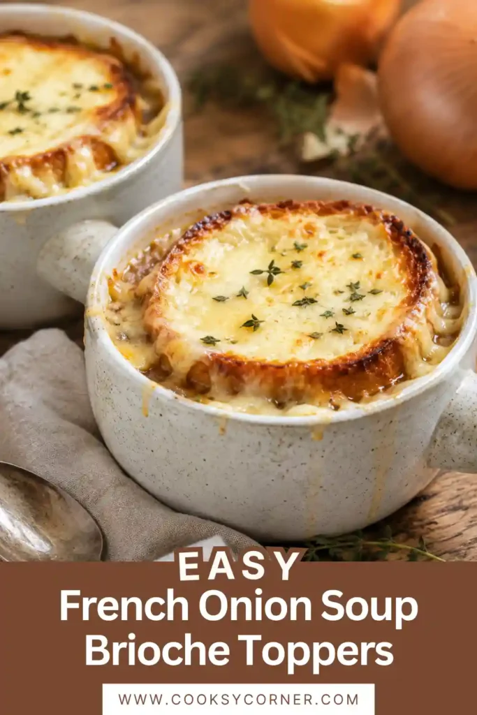 Golden French Onion Soup Brioche Toppers featuring caramelized onions, savory beef broth, and toasted cheese-covered brioche. Perfect for cozy dinners and holiday meals.
