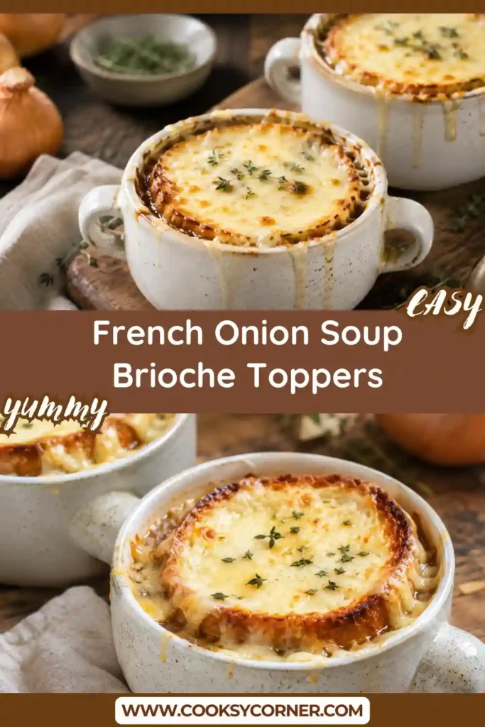 Homemade French Onion Soup topped with buttery brioche and melted Gruyère cheese fresh from the broiler. Rich onion broth creates a classic comfort food meal.