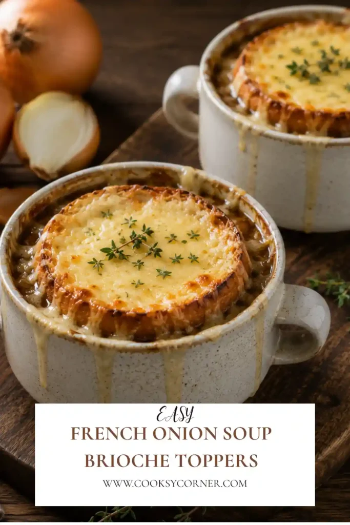A bowl of French Onion Soup Brioche Toppers with caramelized onions, toasted buttery brioche, and bubbling Gruyère and Parmesan cheese. This comforting homemade soup is served hot and golden brown.