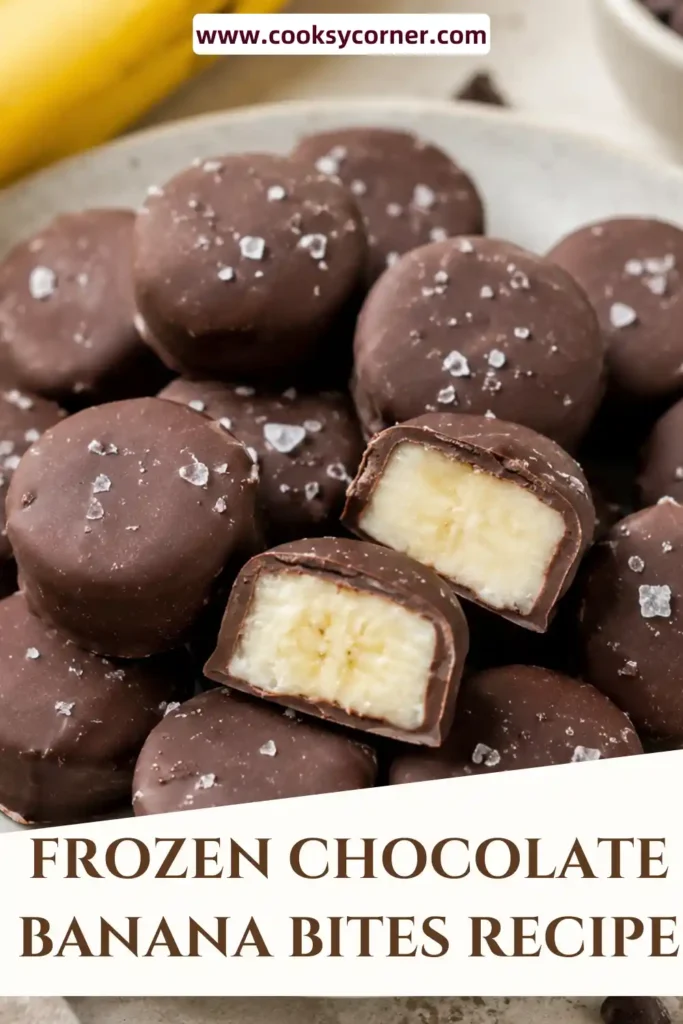 A close-up of Frozen Chocolate Banana Bites featuring glossy chocolate coating and sliced bananas. This no-bake frozen dessert is simple and delicious.