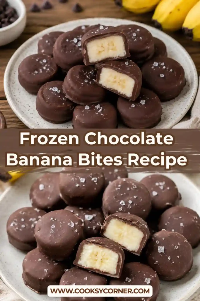 A tray of Frozen Chocolate Banana Bites coated in rich chocolate and sprinkled with flaky sea salt. These healthy frozen treats are easy to make and perfect for snacking.