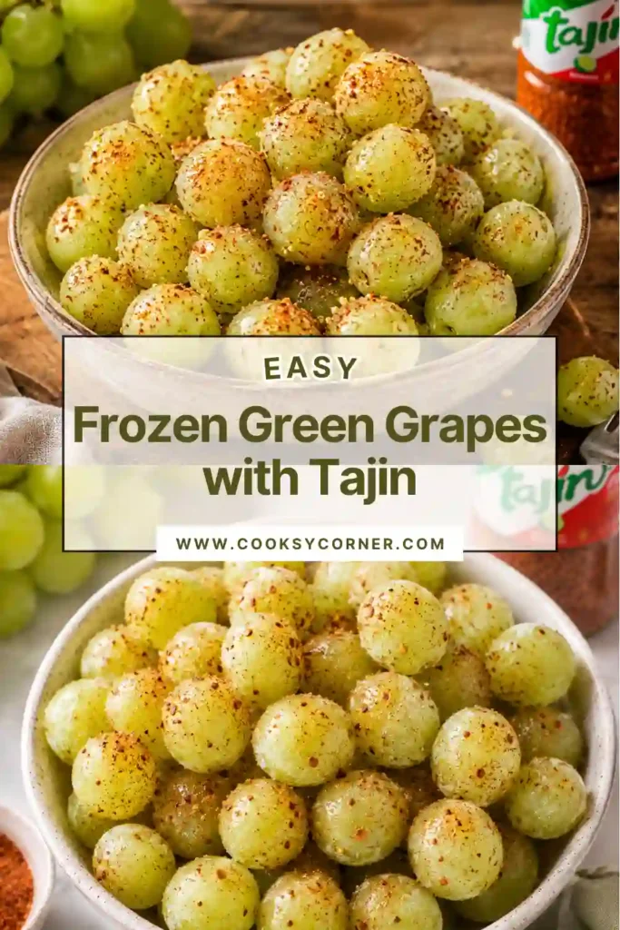 Frozen Green Grapes with Tajin coated in chamoy and chili lime seasoning on a serving platter. This colorful frozen fruit snack looks refreshing and perfect for summer.
