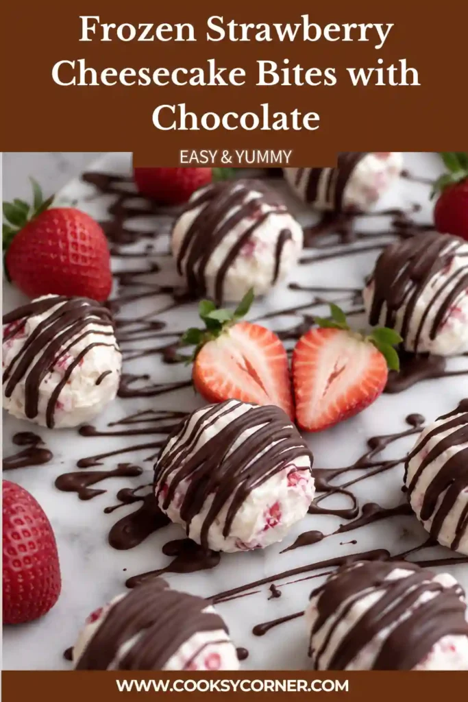 Frozen Strawberry Cheesecake Bites with Chocolate arranged on a serving plate with fresh strawberry pieces and a glossy chocolate drizzle. These creamy frozen bites make a refreshing low-carb dessert.