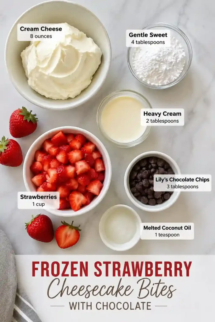 Homemade Frozen Strawberry Cheesecake Bites with Chocolate featuring fresh strawberries, creamy cheesecake filling, and sugar-free chocolate topping.