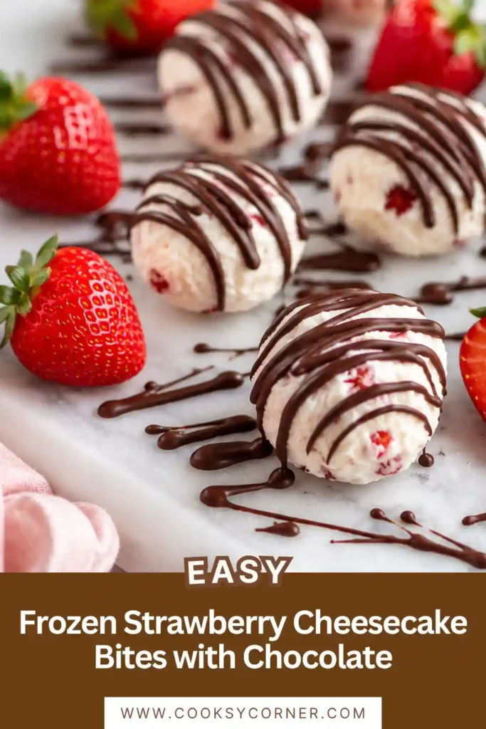 Close-up of homemade Frozen Strawberry Cheesecake Bites with Chocolate topped with melted chocolate and fresh strawberries. A delicious no-bake frozen cheesecake treat.
