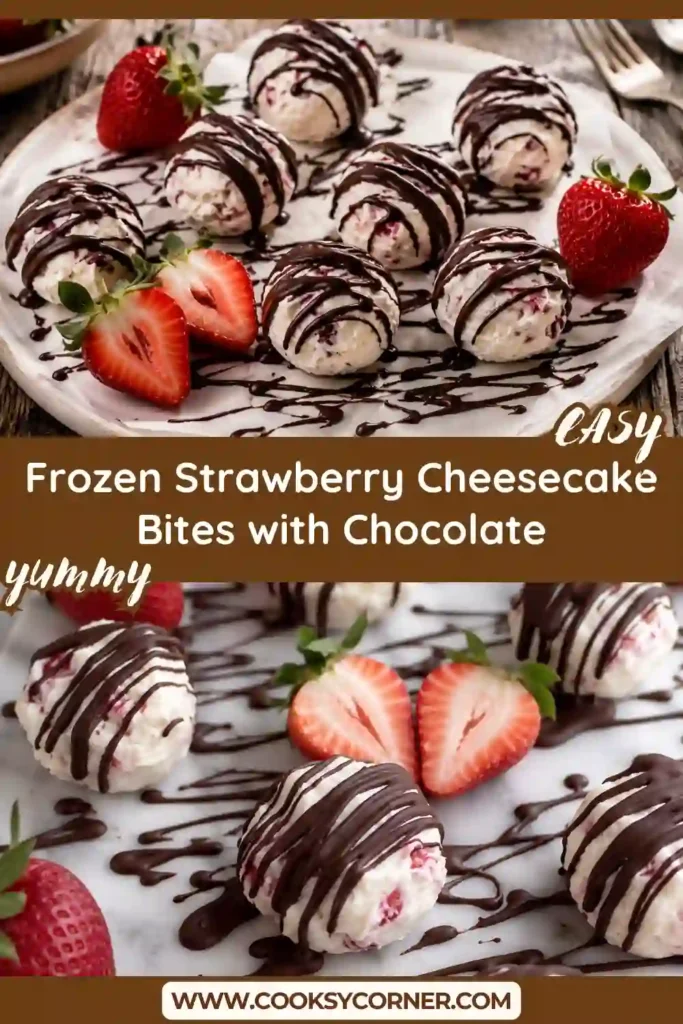 Creamy frozen strawberry cheesecake bites covered with rich chocolate drizzle and served chilled. Perfect bite-sized dessert for summer gatherings.